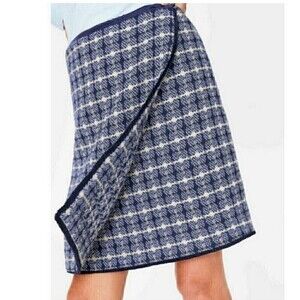 Boden Tallulah Faux Wrap Skirt Womens 14 Blue White Plaid Knit Textured NWOT